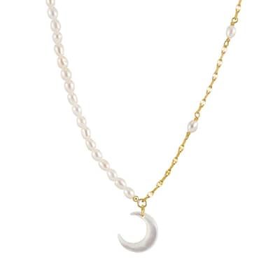 Half Silver Chain Dainty Moon Pendant Freshwater Pearl Necklace detail 1