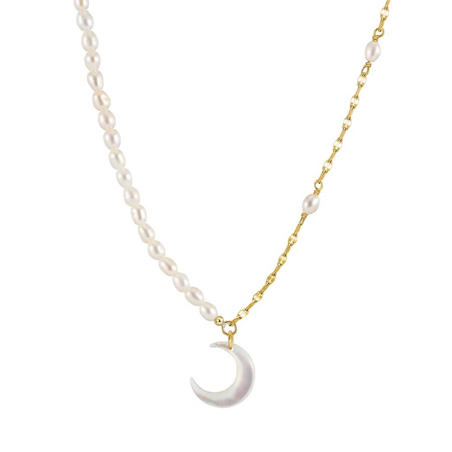 Half Silver Chain Dainty Moon Pendant Freshwater Pearl Necklace - main