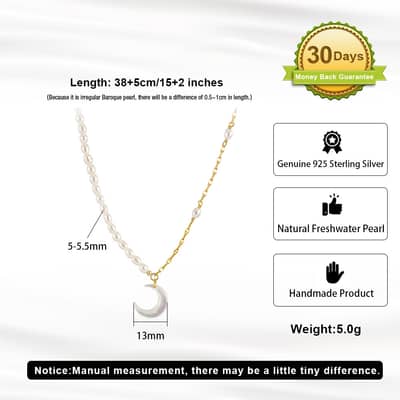 Half Silver Chain Dainty Moon Pendant Freshwater Pearl Necklace detail 5