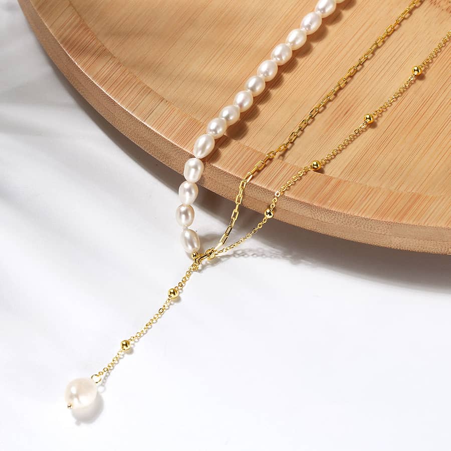 Luxury Half Paperclip 14K Gold Plated Chains Cultural Freshwater Pearls Long Tassel Pendant Necklace - main