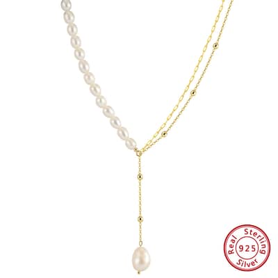 Luxury Half Paperclip 14K Gold Plated Chains Cultural Freshwater Pearls Long Tassel Pendant Necklace detail 5