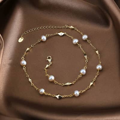 14K Gold Plated Chunky 925 Sterling Silver Link Chain Freshwater Pearl Beads Necklace detail 1