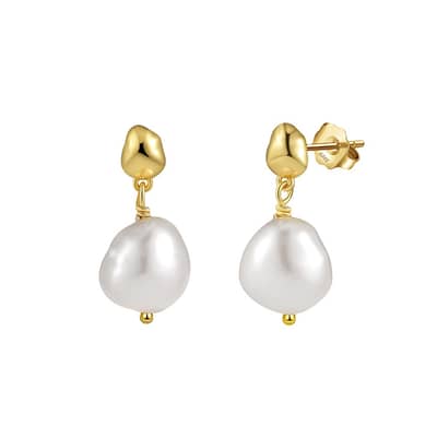 925 Sterling Silver Gold Plated White Freshwater Pearl Stud Earrings detail 1