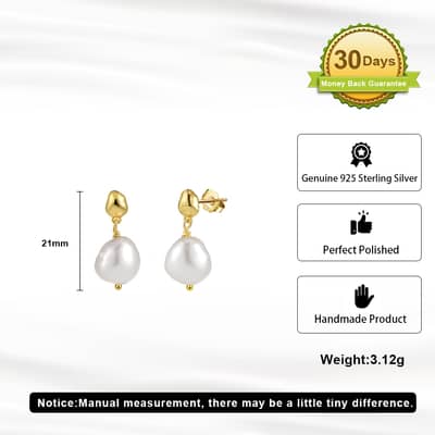 925 Sterling Silver Gold Plated White Freshwater Pearl Stud Earrings detail 2