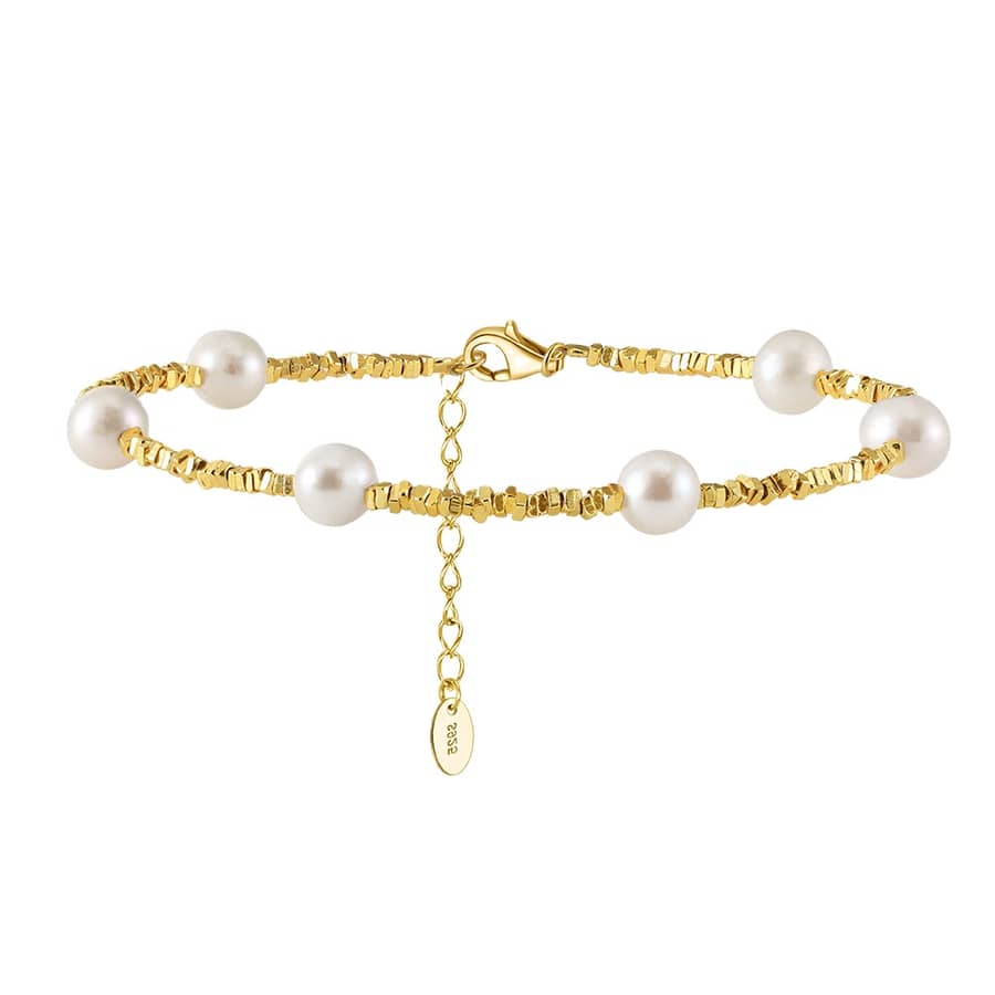Tiny Gold Stone Chain Decor 925 Silver Chain Bracelet, Adjustable - main