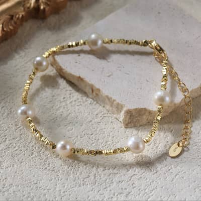 Tiny Gold Stone Chain Decor 925 Silver Chain Bracelet, Adjustable detail 4