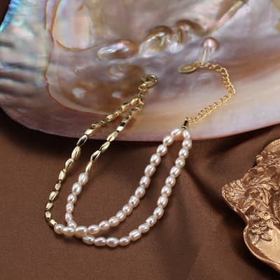 Gold Plated Oval Beads Charms Pearl Chain Double Layer 925 Sterling Silver Bracelet, Adjustable detail 3
