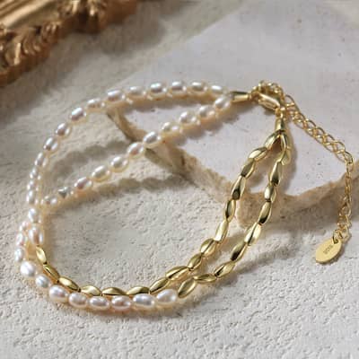 Gold Plated Oval Beads Charms Pearl Chain Double Layer 925 Sterling Silver Bracelet, Adjustable detail 4