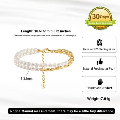 Gold Plated Oval Beads Charms Pearl Chain Double Layer 925 Sterling Silver Bracelet, Adjustable detail 5