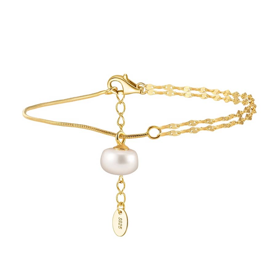 Simple Double Chain with Pearl Pendant, 14K Gold Plated 925 Silver Bracelet - main