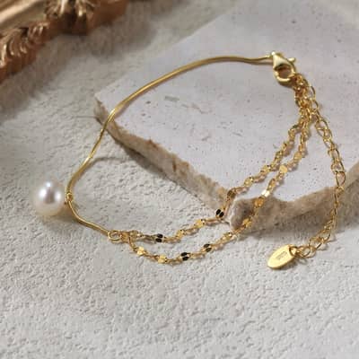 Simple Double Chain with Pearl Pendant, 14K Gold Plated 925 Silver Bracelet detail 2