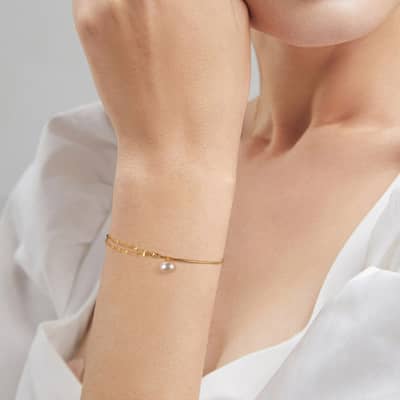 Simple Double Chain with Pearl Pendant, 14K Gold Plated 925 Silver Bracelet detail 3