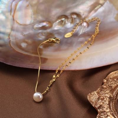 Simple Double Chain with Pearl Pendant, 14K Gold Plated 925 Silver Bracelet detail 4