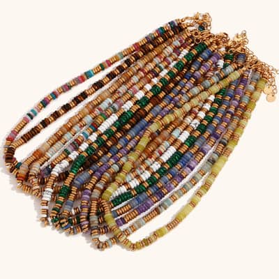 Beaded Necklace Natural Stone Round Beads Waterproof Stainless Steel 18K Gold Beads detail 1