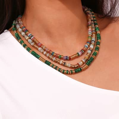Beaded Necklace Natural Stone Round Beads Waterproof Stainless Steel 18K Gold Beads detail 3