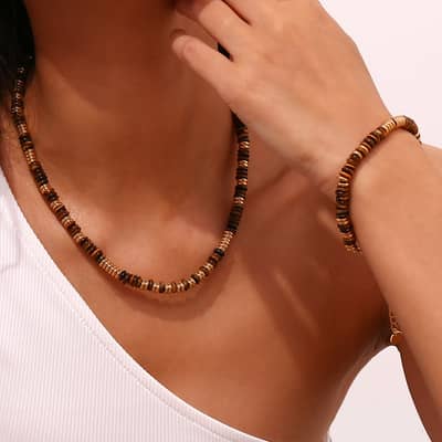 Beaded Necklace Natural Stone Round Beads Waterproof Stainless Steel 18K Gold Beads detail 4