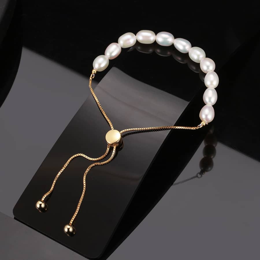 Natural Pearl Bracelet 14K Gold Plated 925 Sterling Silver Charm Freshwater Pearl Beads Set - main