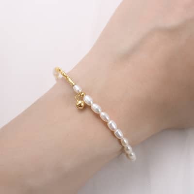 Natural Pearl Bracelet 14K Gold Plated 925 Sterling Silver Charm Freshwater Pearl Beads Set detail 2