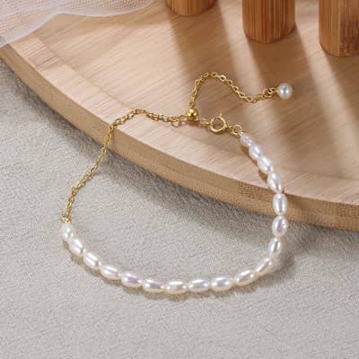 Natural Pearl Bracelet 14K Gold Plated 925 Sterling Silver Charm Freshwater Pearl Beads Set detail 3