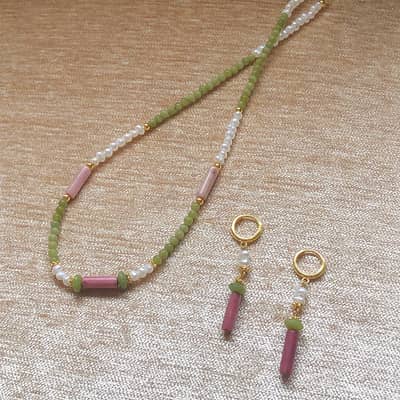 Beaded Necklace Earrings Set Natural Stone Beads Freshwater Pearl Waterproof Stainless Steel detail 2