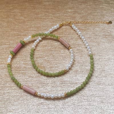 Beaded Necklace Earrings Set Natural Stone Beads Freshwater Pearl Waterproof Stainless Steel detail 3
