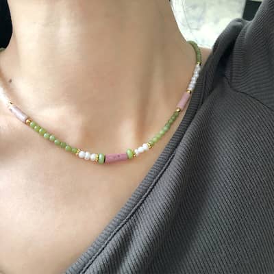 Beaded Necklace Earrings Set Natural Stone Beads Freshwater Pearl Waterproof Stainless Steel detail 4