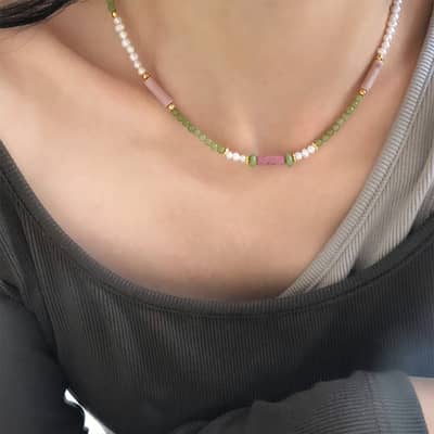 Beaded Necklace Earrings Set Natural Stone Beads Freshwater Pearl Waterproof Stainless Steel detail 5