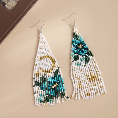 Hand-Woven Rice Bead Long Earrings Starry Sky Flower Series Tassel detail 4