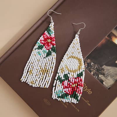 Hand-Woven Rice Bead Long Earrings Starry Sky Flower Series Tassel detail 5