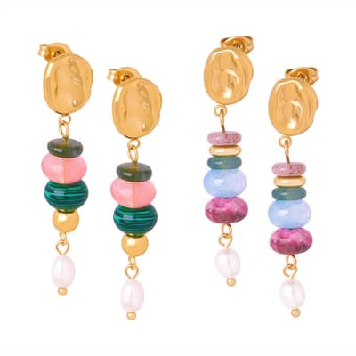 Vintage Natural Stone Handmade Beaded Long Stainless Steel Earrings Pearl Pendant detail 1
