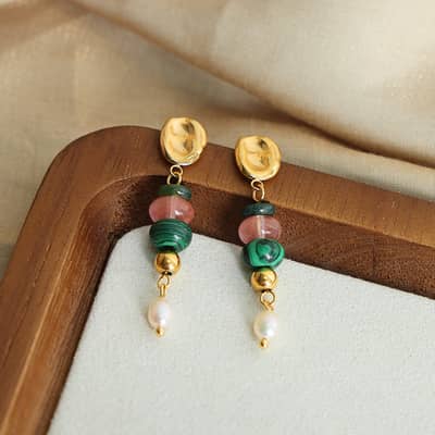 Vintage Natural Stone Handmade Beaded Long Stainless Steel Earrings Pearl Pendant detail 4