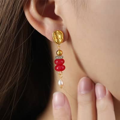 Vintage Natural Stone Handmade Beaded Long Stainless Steel Earrings Pearl Pendant detail 5