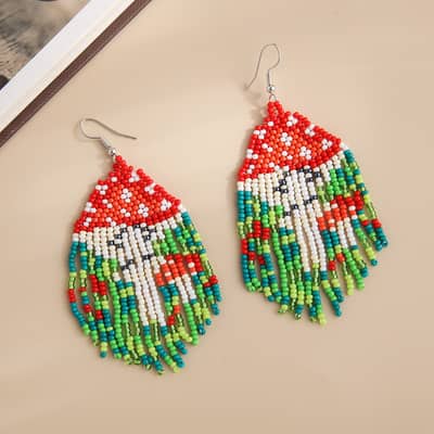 Bohemian Hand Braided Earrings Fashionable Mushroom Long Tassel detail 2