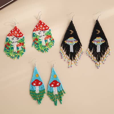 Bohemian Hand Braided Earrings Fashionable Mushroom Long Tassel detail 3