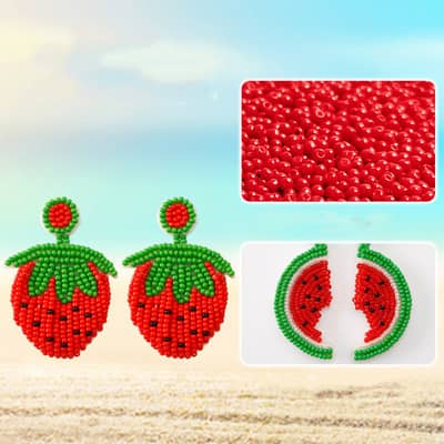 Summer Hand-Woven Seed Earrings Strawberry Design Bohemian Tassel detail 2