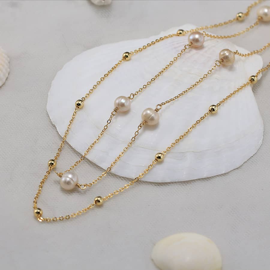 Double Layer 925 Sterling Silver Necklace Multiple Freshwater Pearls - main