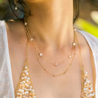 Double Layer 925 Sterling Silver Necklace Multiple Freshwater Pearls detail 2