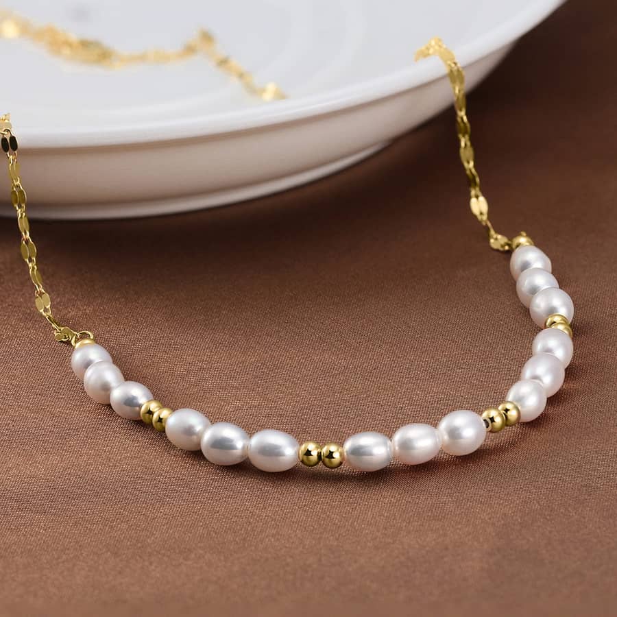 14K Gold Plated 925 Sterling Silver Freshwater Pearl Beaded Chain Necklace - main