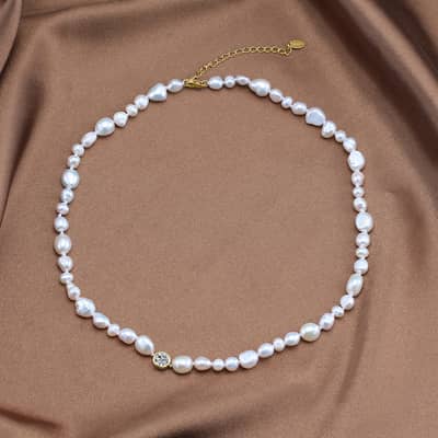 Dainty Natural Freshwater Baroque Pearl Necklace, 14K Gold Plated 925 Sterling Silver detail 4