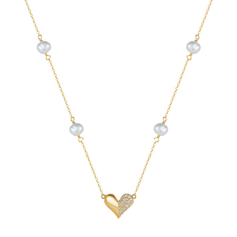925 Sterling Silver Zircon Heart Pendant Freshwater Pearl Heart Charm Necklace - main