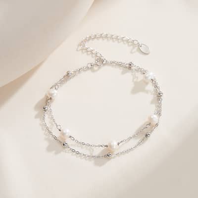 4-5mm Double-Layer Freshwater Pearl Bracelet, 14K 925 Sterling Silver detail 4