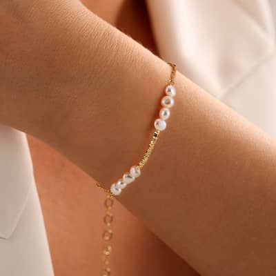 14K Gold Plated Natural Freshwater Pearl Bracelet, 925 Sterling Silver detail 2