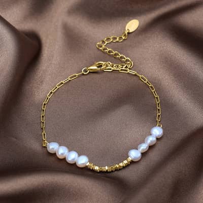 14K Gold Plated Natural Freshwater Pearl Bracelet, 925 Sterling Silver detail 3