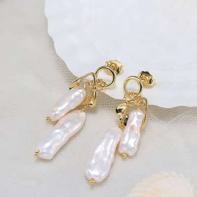 14K Gold Plated Luxury Biwa Pearl 925 Sterling Silver Natural Irregular Pearl Earrings detail 1
