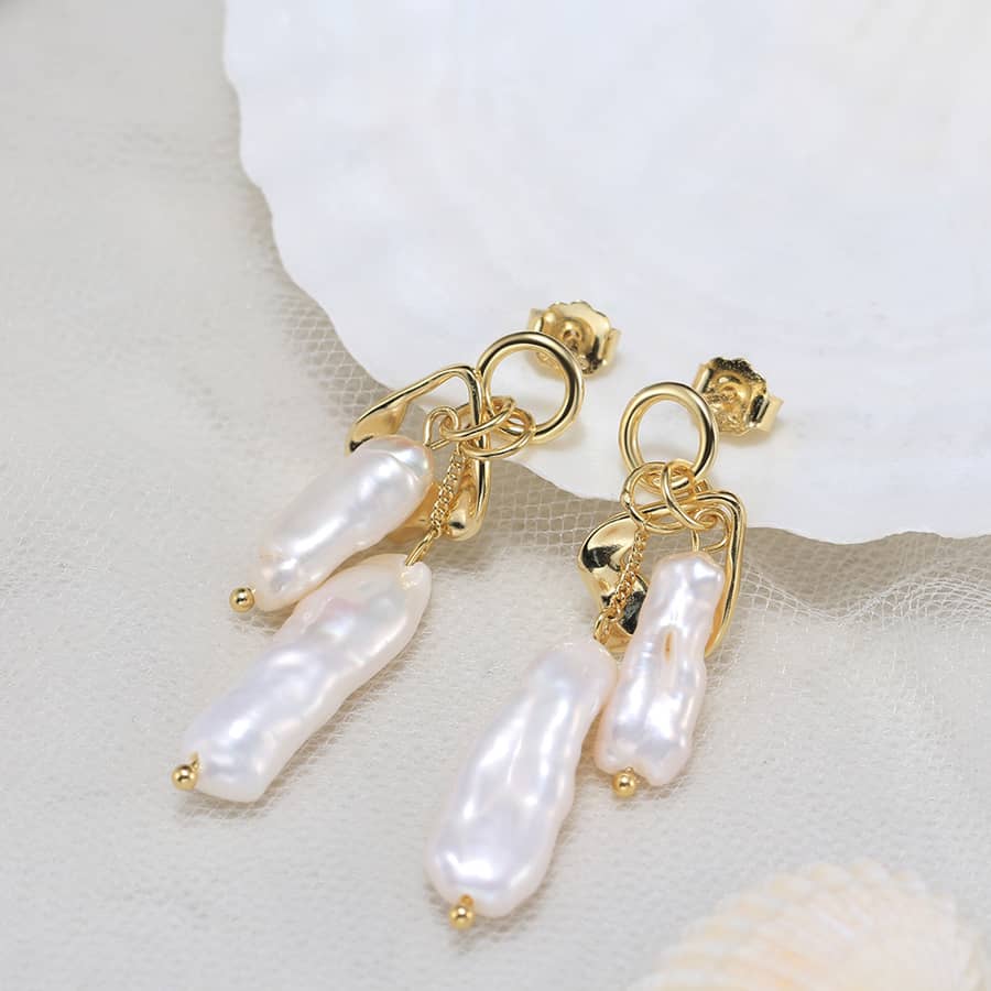 14K Gold Plated Luxury Biwa Pearl 925 Sterling Silver Natural Irregular Pearl Earrings - main