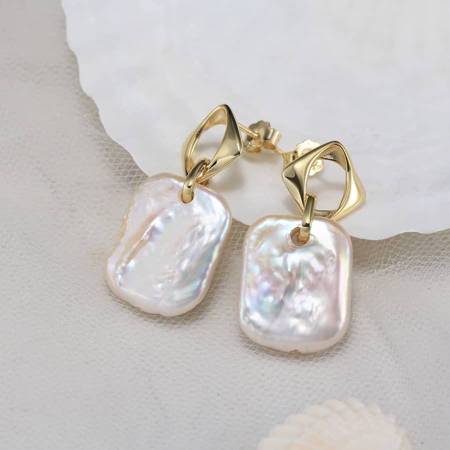 925 Silver 14K Gold Plated Natural Freshwater Pearl Square Baroque Drop Stud Earrings - main