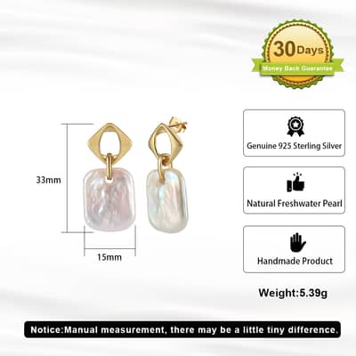 925 Silver 14K Gold Plated Natural Freshwater Pearl Square Baroque Drop Stud Earrings detail 4