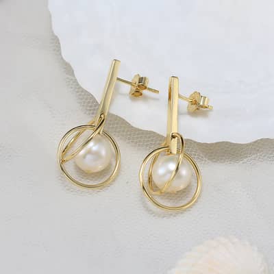 S925 Sterling Silver 14K Gold Plated Retro Baroque Pearl Stud Pendant Earrings detail 2