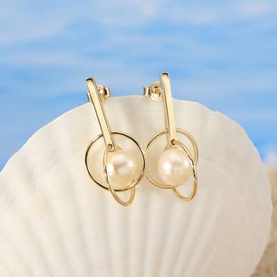 S925 Sterling Silver 14K Gold Plated Retro Baroque Pearl Stud Pendant Earrings detail 3