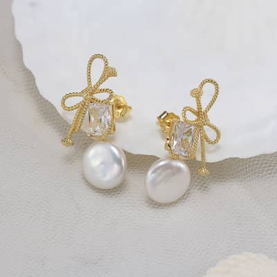 925 Sterling Silver Baroque Freshwater Pearl 14K Gold Plated Bow Stud Earrings detail 2